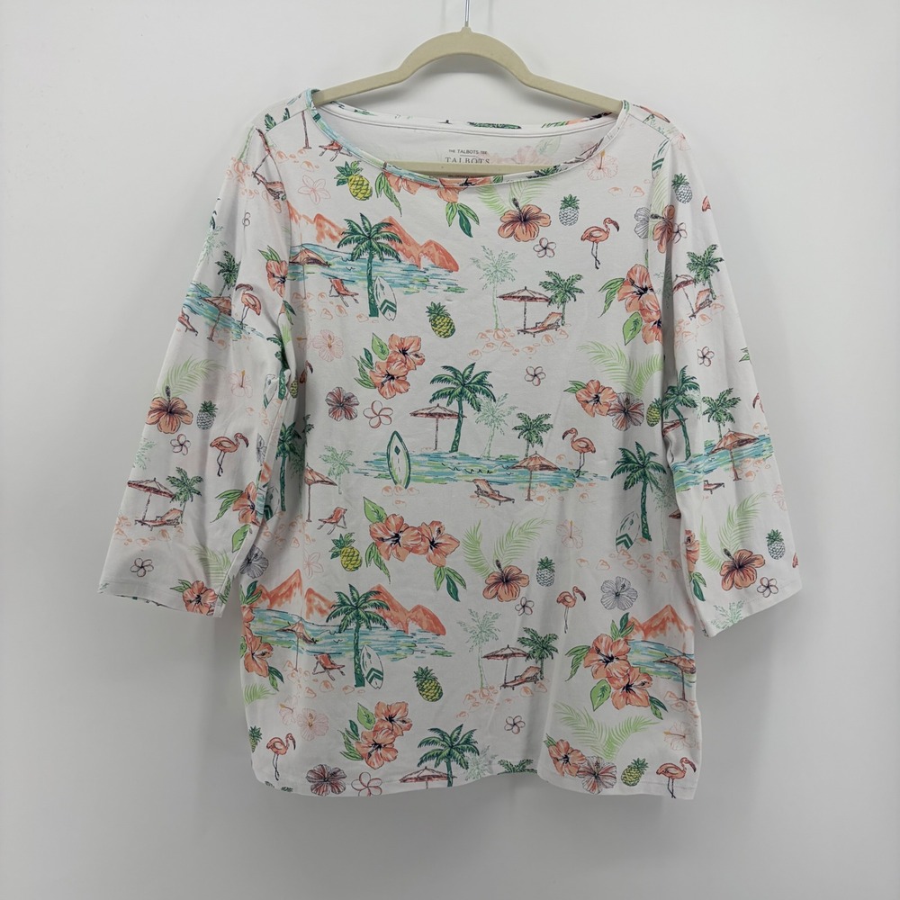 Talbots Womens 1X White Tropical Flamingo Palm Tree 3/4 Sleeve Boat Neck Tee